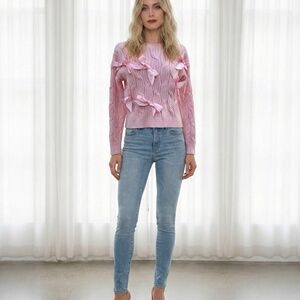 Pink Cable Knit Sweater with Satin Bows, Acrylic Blend Crew Neck Pullover